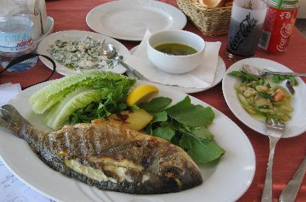 fish and an aubergine salad at YONCAKOY beach